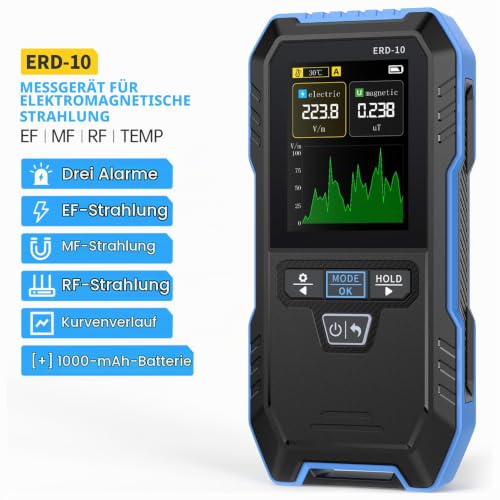 EMF Meter, Electrosmog Meter, 3-in-1 Radiation Meter, Measurement of EF MF RF Automatic Alarm if the Standard is Exceeded, TFT Color Screen for Home, Office and Children's Room.