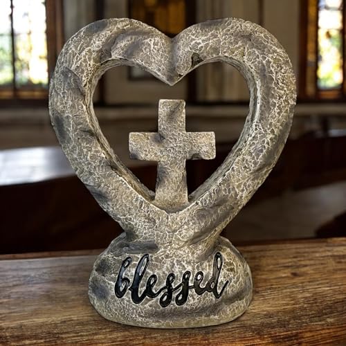 Top Brass Blessed Heart and Cross Standing Figurine – 5.5” Rustic Inspirational Statue with Engraved ‘Blessed’ Script, Christian Tabletop Décor, Faith-Based Home Accent, Spiritual Item for Loved Ones