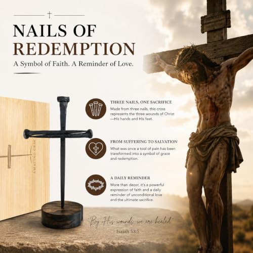 Handmade Iron Cross Decor, 3 Nails Crucifix Cross Statue, Christian Religious Gifts for Men Women, Jesus Cross Tabletop Display, Baptism Gift for Pastor Church Office Home Decoration