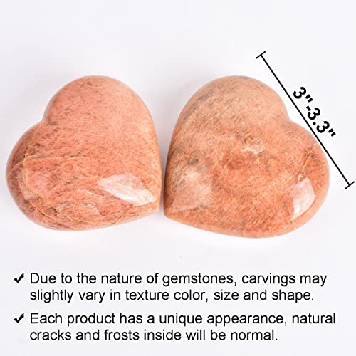 JIC Gem Large Orange Moonstone Heart Shaped Healing Crystal Love Palm Worry Stone Pocket Gemstone with Display Stand Chakra Balancing Chakra Balancing 3-3.3 Inch