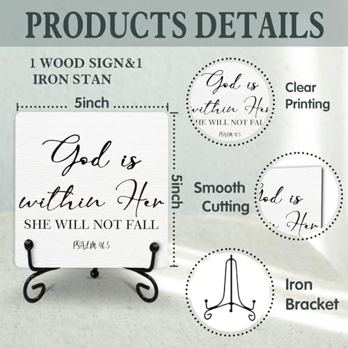 Christian Gifts, God is within Her Psalm 46 : 5 Wooden Plaque Sign with Bible Verse, Bible Verse Wood Sign Religious Gift Desk Decorations For Office Home,Wooden Plaque With Stand 5 x 5 inch -A08