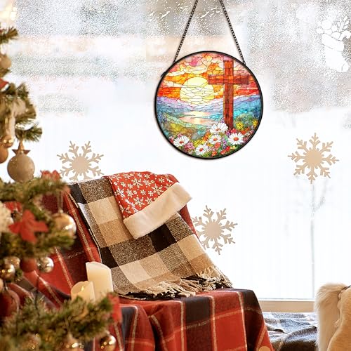 Christian Suncatcher Stained Glass Cross Window Hanging Decor, Christmas Religious Gifts for Women, Easter Landscape Sunrise Mountain Cross Garden Lawn Sun Catchers for Window Hanging,7.9x7.9In Cross4
