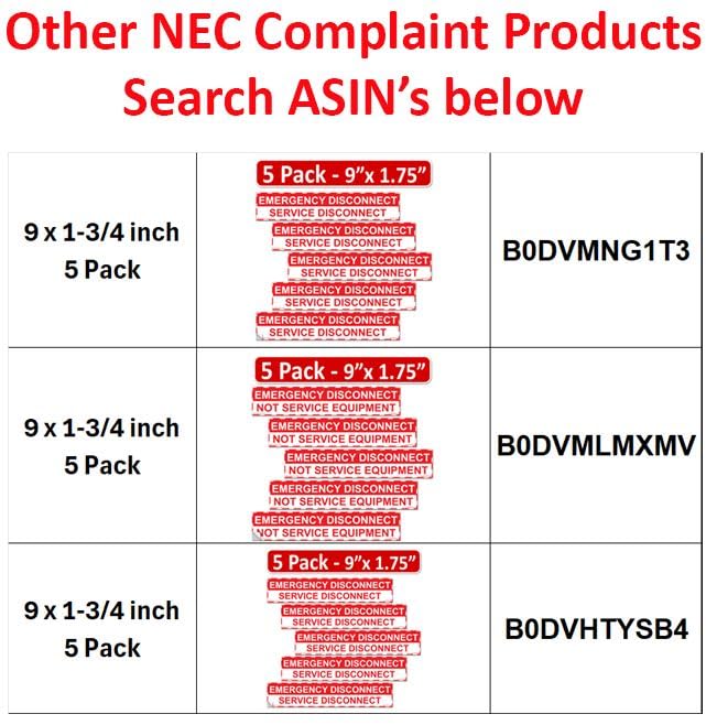 5 Pack 1-3/4"x 9" Emergency Disconnect NOT Service Equipment Labels Sign Notice Sticker Panel Heavy Duty Pressure Sensitive Vinyl Waterproof Ultra Durable Electrical 44-945 NEC Compliant Red and White 5 Pack