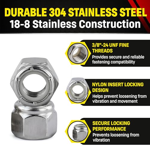 Stainless 3/8-24 nylon insert lock nuts, SAE fine thread Nylock nuts by Chenango Supply