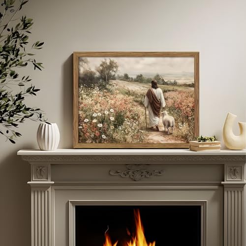 Framed Jesus And Lamb Wall Art Christian Pictures Wall Decor 8x10 Inch shepherd Framed 10"L x 8"W