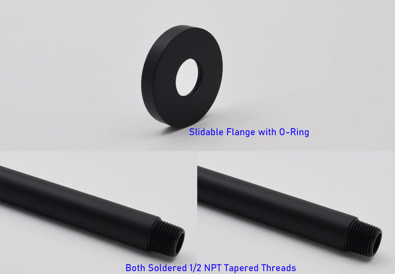 Shower Arm and O-Ring Flange, 6 inch, Solid Brass, Round, Both Soldered 1/2 NPT Tapered Threads, Straight Shower Arm Extension, Ceiling Shower Head Arm for Rainfall Shower (Matte Black) Matte Black