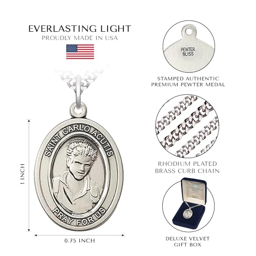 Saint Carlo Acutis 24 Inch Medal Pendant 1 x 3/4 Oval Pewter Necklace 24.0 Inches No Clasp (Endless) Chain