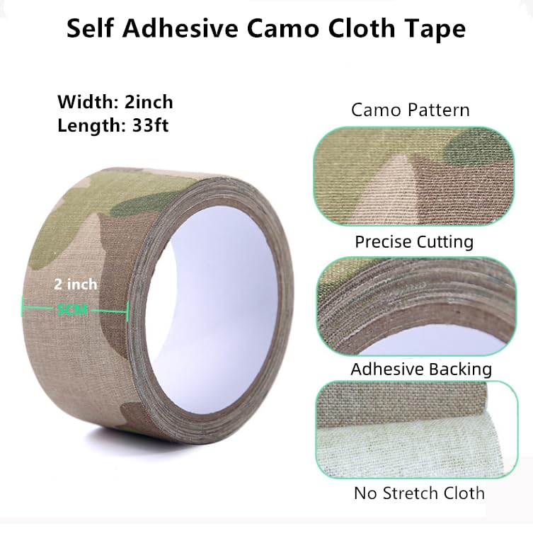 5cm x 10m Strong Adhesive Camouflage Tape - Camo Wrap Tape - Non Reflective - Camouflage Fabric Tape for Outdoor Hunting Camping Forest