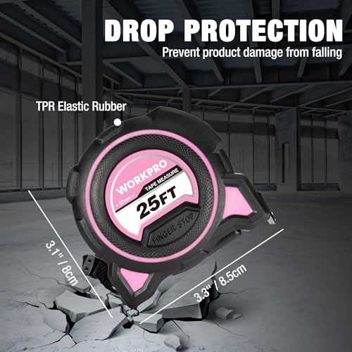 WORKPRO pink 25 ft heavy-duty tape measure with extended measuring tape blade