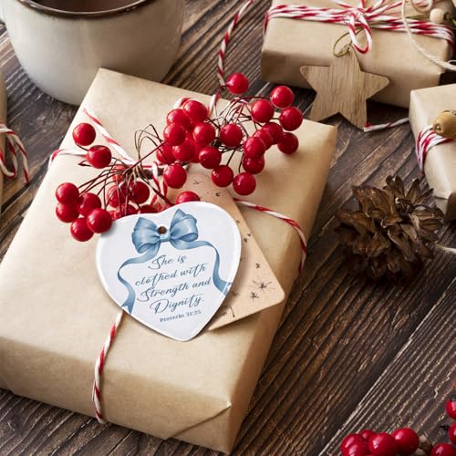 Blue Bow Christian Ornament, Christian Gifts for Women, Preppy Coquette Bow Bible Verse Heart Ornament Keepsake Sign, Religious Scripture Hanging Ornaments, 2.75x3 Inch 03-bow(01)