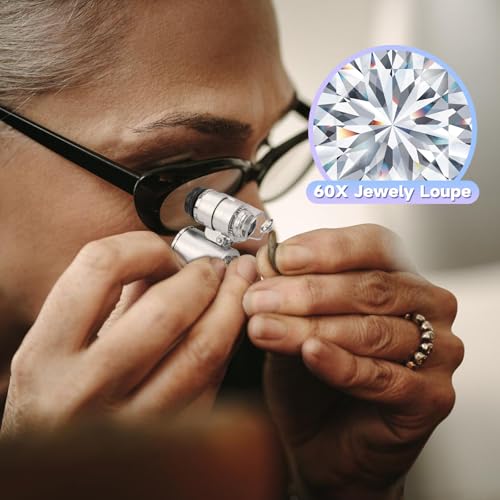 Jeweler's Magnifying Glass 60X with Light Mini Microscope, Pocket Microscope Gemstone Magnifier | Magnifying glass with LED/UV for close work, jewelry, coins, stamps, light trichome magnifying glass, mobile phone microscope