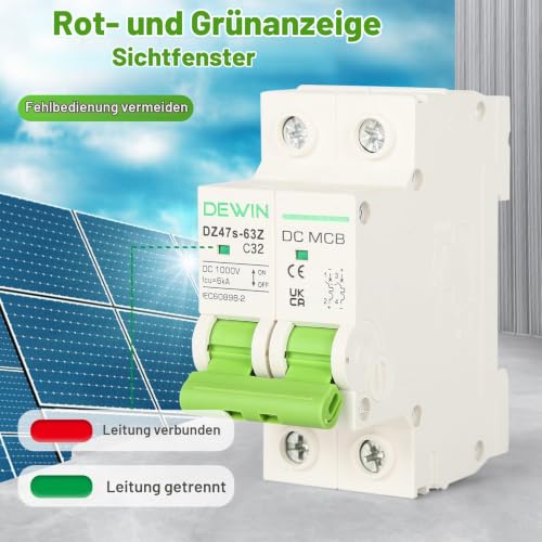 DEWIN Circuit Breaker 32A 2-Pin Solar Photovoltaic Isolator MCB Circuit Breaker for PV System 2P DC 1000V Type C 32ADC1000V