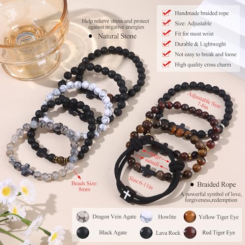 CASDAN 9Pcs 8mm Tiger Eye Cross Prayer Bracelets for Men 9pcs,A