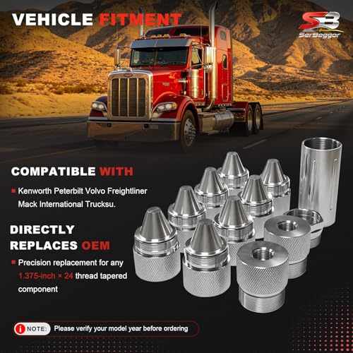 SerBeggor silver cone-shaped aluminum alloy sealed end caps for Kenworth, Peterbilt, Volvo and Freightliner trucks, 12-piece set