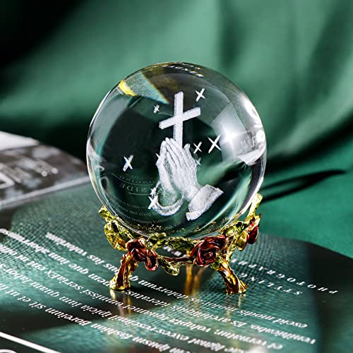 Ornalrist Crystal Ball 3D Praying Cross Figurine Religious Gifts for Women Praying Hands With Cross