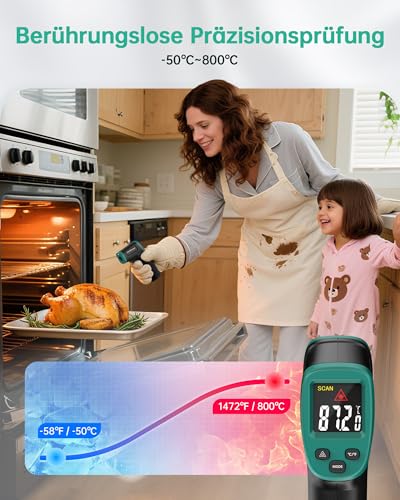 ERICKHILL Infrared Thermometer -50℃~800℃, Non-Contact Digital Laser Temperature Meter with LCD Display, Adjustable Emissivity - Suitable for Cooking/Grilling/Freezing/Industry, Black -50-800℃