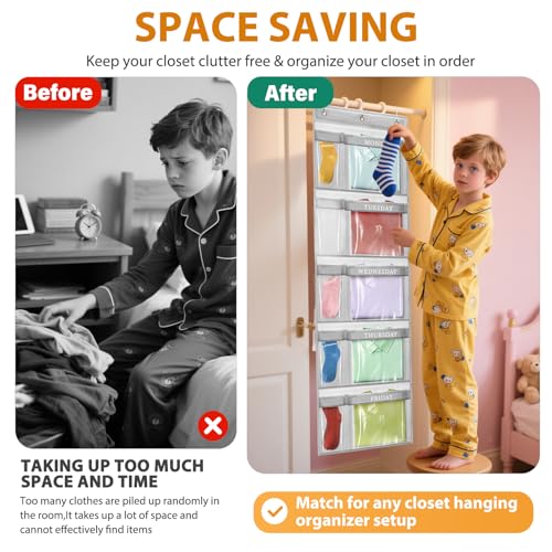 Weekly Kids Clothes Organizer Day of Week School Clothing Storage Monday to Friday Hanging Closet Organizer (2) (Gray 2pcs) Gray 2pcs