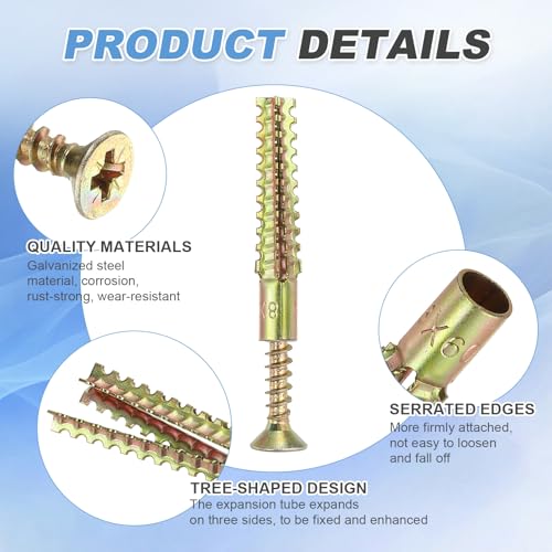 PATIKIL 30 Pcs Drywall Hollow Wall Anchors with Screws 0.24 x 2.36, Steel Dry Wall Anchors Kit for Wooden Concrete Plaster Hinge Hole Repair, Brass (8 x 60mm) 8 x 60mm