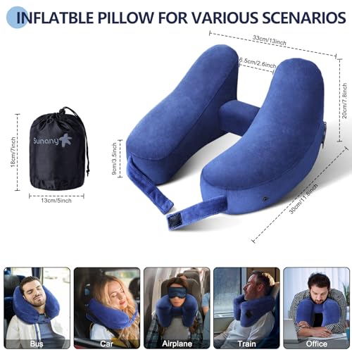 Sunany Travel Neck Pillow for Airplane Pillow Comfortably Supports Head, Neck and Chin, Inflatable Travel Pillow with Soft Velour Cover and Portable Drawstring Bag (Blue, H-Shape) Navy Blue