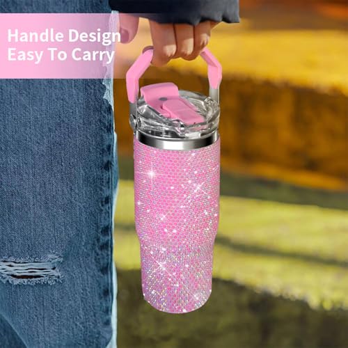 Bling Rhinestone Studded Tumbler with Top Handle, Bling Cups Stainless Steel Water Bottle Diamond Glitter Tumbler for Women - Birthday Gifts for Women, Mom,Get Well Soon Gifts (Pink) Pink