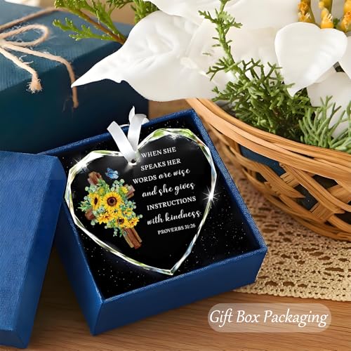 Glass Christian Jesus Gift for Women Men Glass Hearts Ornament Religious Inspirational Gifts with Bible Verse and Prayers Sunflower Cross for Friends Mom Wife 31:26