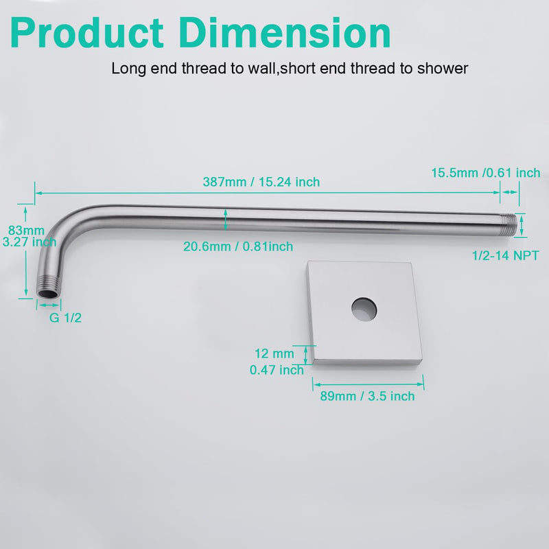 Shower Arm with Flange,16 in Stainless Steel Shower Arm Extension Wall-Mounted For Fixed Shower Head,Rain Shower Head Extender Brushed Nickel,SE-91018-16BN-SQ Large Square Flange-16″Brushed Nickel