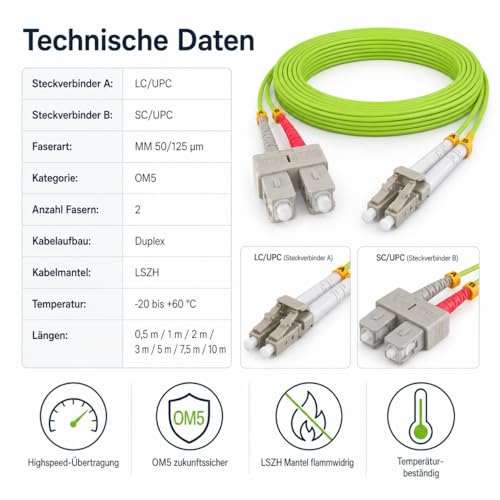 1aTTack.de 1x 3 m OM5 Fibre Optic DX Duplex Patch Cable LC/UPC - SC/UPC MM Multimode - 50/125 µm LSZH Lime Green 1x 3 Meter OM5 LC/SC - UPC Lime Green - OM5 LC/SC - UPC