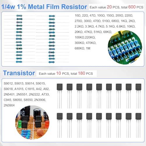 1628PCS Electronic Component Kit, 3mm and 5mm LED Lights Emitting Diodes Assortment Set Kit, Ceramic Capacitors, Resistor, Transistor, PCB Potentiometer 1628 PCS