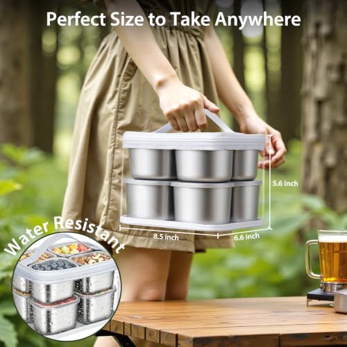 Snackle Box Container, 8 Stainless Steel Compartments with Individual Lids 8 Compartment(8.5"L x 6.6"W x 5.6"H)
