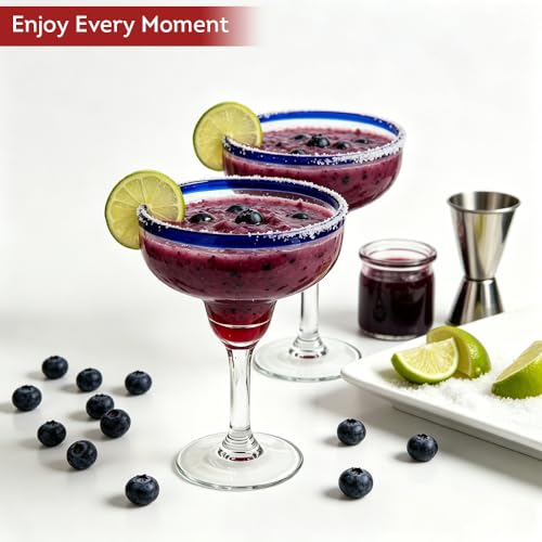 Lily's Home Unbreakable Margarita Glasses - 14 oz Shatterproof Plastic Set of 4 with Cobalt Blue Rims, Reusable Crystal Clear Stemware for Martini, Frozen Drinks, Pina Coladas & Cocktails Modern
