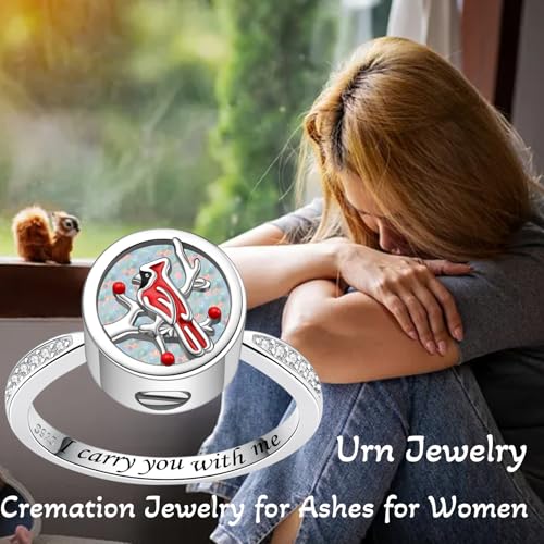 Circle Red Cardinal Urn Ring for Ashes - Sterling Silver Cremation Keepsake Ring with Opal Stone for Women 7