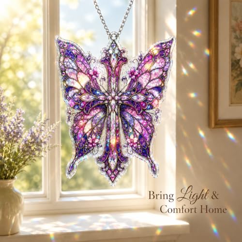 Cross Decor Suncatcher, Butterfly Stained Glass Window Hanging Purple Butterfly Cross