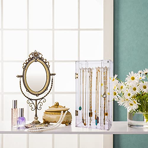Acrylic Necklace Holder Stand,Clear Necklace Organizer with 24 Hooks,Dustproof Rotation Jewelry Storage Holder,Enclosed Long Necklaces Display Rack Pendant Bracelets Display Case Jewelry Display Box Square