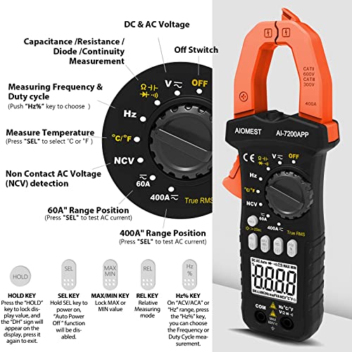 AIOMEST AI-7200APP Bluetooth TRMS clamp multimeter with digital display, clamp jaw, and NCV sensor