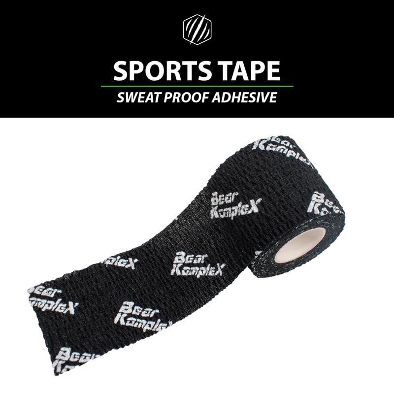 Bear Komplex Athletic Sports Tape, 4 or 12 Pack of Premium Adhesive Wrap, 5 cm Tape, Sweatproof, Breathable, and Non-Slip for Lifting, and Hook Grip, Hypoallergenic and Latex Free Black 4 Count