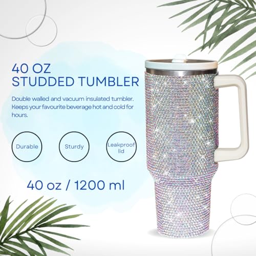 40 Oz Rhinestone Tumbler with Handle and Flip Straw, Insulated Stainless Steel Double Layer Bling Tumbler | Leak Proof Glitter Tumbler for Women | Reusable 1200ml Travel Bling Cups White AB Northern light 40.0