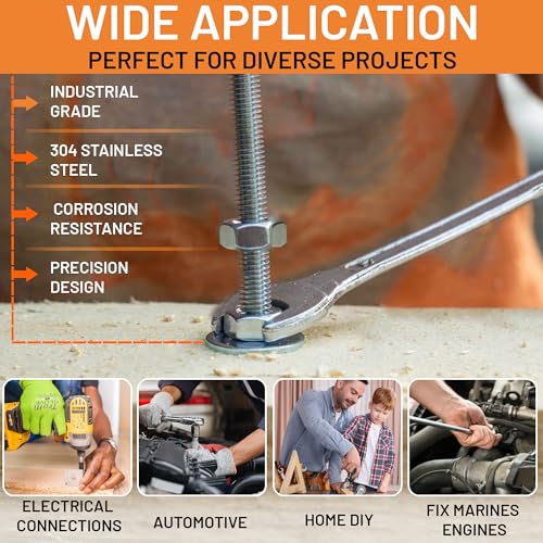 Stainless Steel Flat Washers Assortment Kit, SAE 304, 300-Piece Metal Screw Washers Set for Bolts, 8 Sizes #6; #10; #12; 1/4"; 5/16"; 3/8"; 1/2" Stainless Steel - 300Pcs