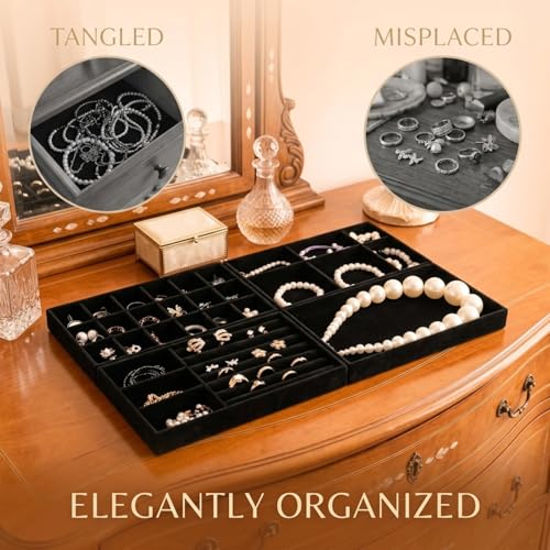 8 Pcs Jewelry Drawer Organizers, Velvet Jewelry Trays for Drawer, Stackable Jewelry Trays, Ideal for Rings, Earrings, Bracelets, Necklaces, Black