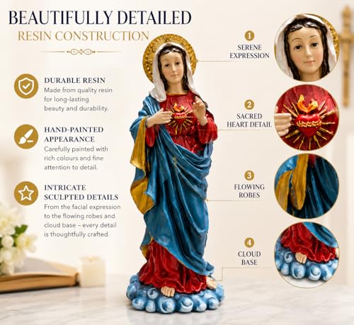 JRose Collections Virgin Mary Sacred Heart Statue 28cm – Hand Painted Resin Catholic Religious Figurine with Gold Halo – Our Lady Ornament for Prayer Altar, Home, Church, Memorial & Christian Gift