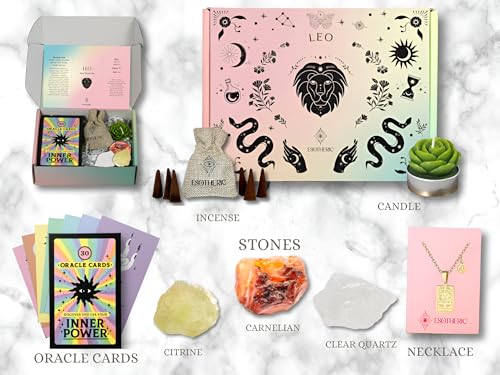 ESOTHERIC Leo Birthday Gifts for Women- Zodiac Gifts Box Set with Crystals, Oracle Card Deck, Zodiac and Constellation Necklace, Succulent Candle, Incense Cones, Horoscope and Crystal Guide
