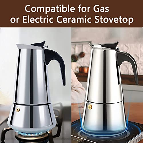 Coffee Pot, Stainless Steel Moka Pot Italian Coffee Maker 9 cup/15 OZ Stovetop Espresso Maker for Gas or Electric Ceramic Stovetop Camping Manual Cuban Coffee Percolator for Cappuccino or Latte Sliver（9cup/15oz）