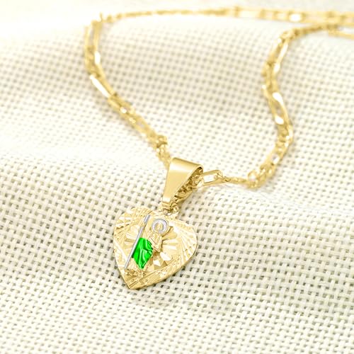 Saint Jude Heart Pendant Necklace 14K Gold Plated – 22 Inch Figaro Chain, Religious Catholic Jewelry Gift for Women & Men