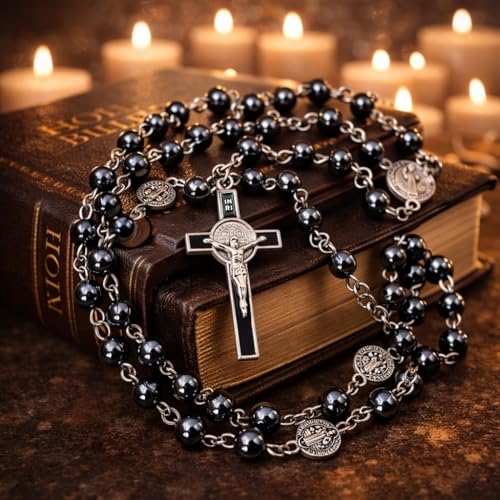 TALISMAN4U CATHOLIC ROSARY NECKLACE Black Hematite Beads St Benedict Medal