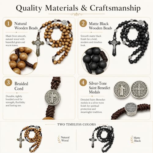 1 Pack Black Rosary, Wooden Rosary Beads with Saint Benedict Medal