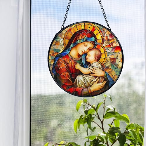 Virgin Mary Suncatcher Window Hanging, Religious Sun Catchers Indoor Window Round Glass Wall Art Decor, Spiritual Suncatcher Wall Hanging Decorations, Gardening & Lawn Care Mom Kid