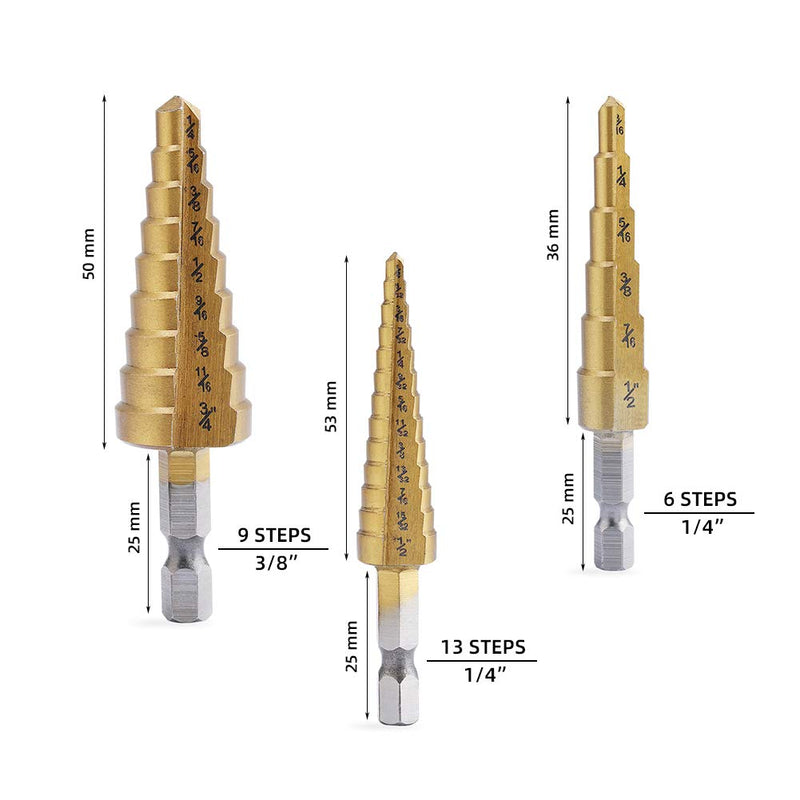 [Australia - AusPower] - Aleric Step Drill Bit Set - Titanium Coated, High Speed Steel Drill Cone Bits for Sheet Metal Hole Drilling Cutting, Multi Size Hole Stepped Up Unibit for DIY Lovers,3pcs 