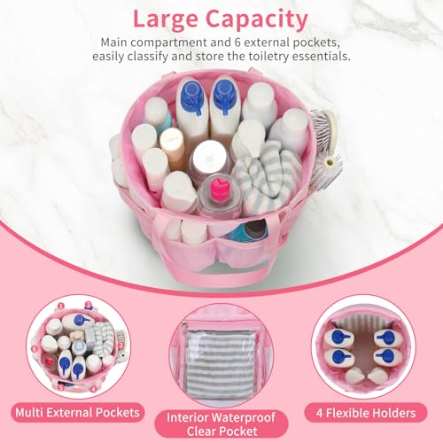 Mesh Shower Caddy Portable for College Dorm Room Essentials, Hanging Shower Caddy with Waterproof Phone Pouch, Large Capacity Shower Bag Basket Tote for Bathroom, Gym, Camping, Swimming, Beach, Pink 04-Pink with Phone Pouch