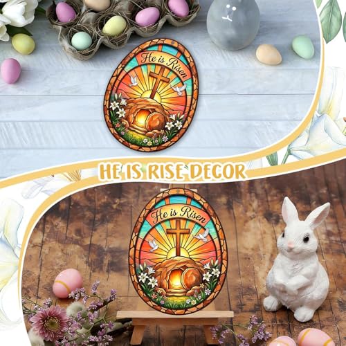 Easter Egg Ornament for Tree Decorations - He is Risen Cross Easter Decor - Religious Gifts for Women Men Kids, Catholic Gifts, Stained Glass Egg Ornament and Easter Basket Stuffers 6499