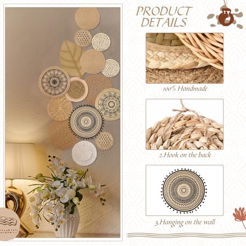 15 Pcs Boho Wall Basket Decor Woven Rattan Seagrass Wall Decor Hanging Rustic Farmhouse Round Handmade Wicker Decoration, Western Art for Living Room Kitchen Bedroom Home Nursery