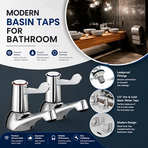 Pair of Bathroom Basin Sink Taps – Chrome Brass Pillar with Ceramic Lever, Hot & Cold Water Mixer, Modern Deck Mounted Basin Faucet for Bathroom or Kitchen Wash Basin